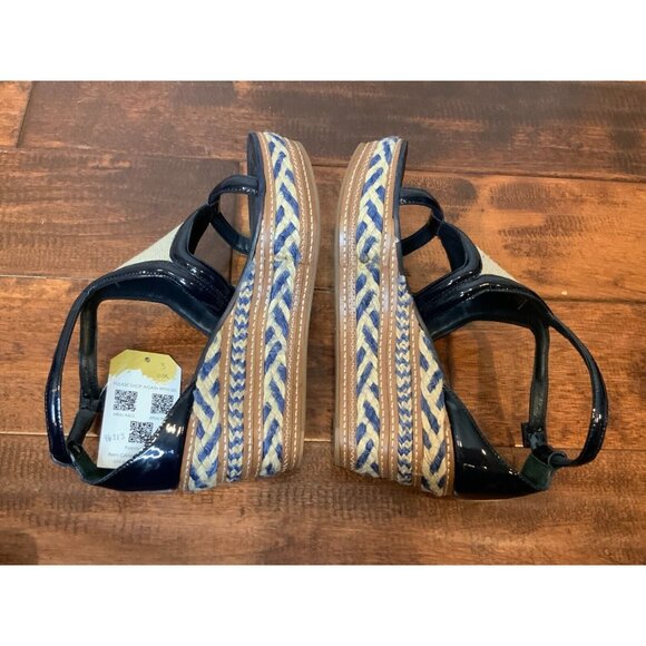 Tory Burch Navy Blue Patent Leather Tribal Espadrille Jute Wedge Sandals Size 9 - Picture 5 of 7